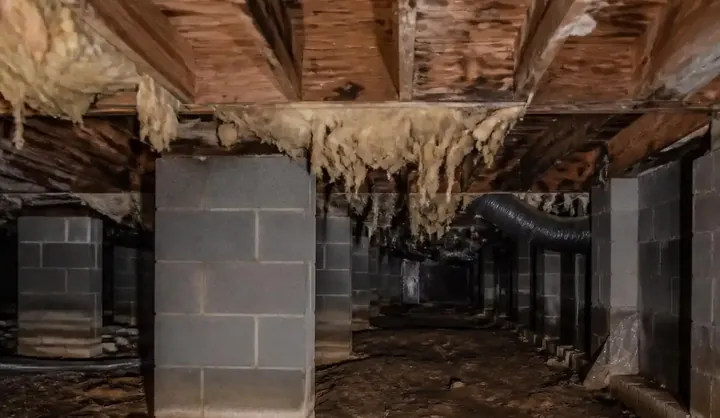 Damp crawl space where drainage and encapsulation will be installed