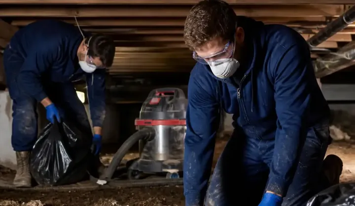 Technicians cleaning and preparing a Charleston crawl space