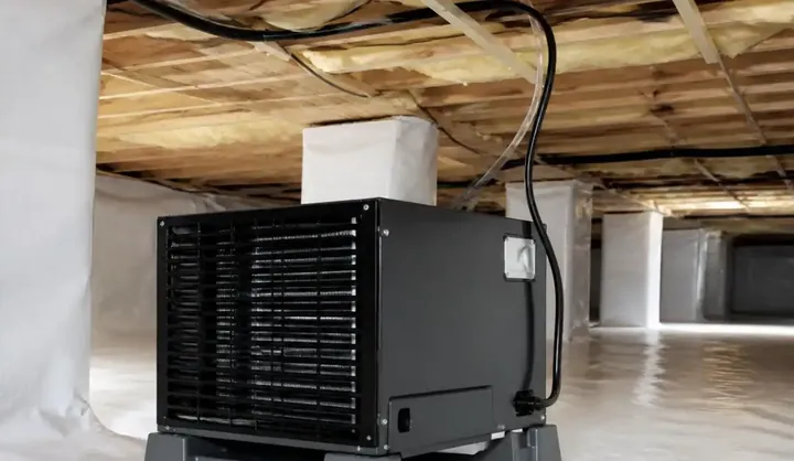 Crawl space dehumidifier installed on a sealed liner