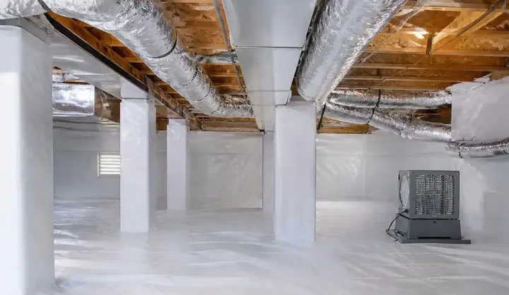 Completed crawl space encapsulation with sealed liner, wrapped piers and dehumidifier